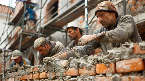 Bricklaying : A team of workers is meticulously placing bricks and applying mortar to build a wall.