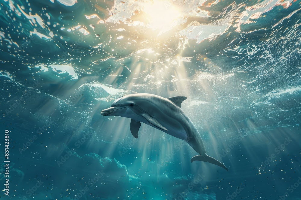 Obraz premium A single dolphin glides through blue water, illuminated by radiant sunbeams from above