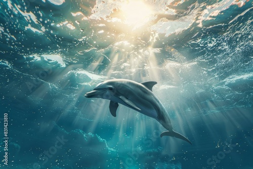 A single dolphin glides through blue water  illuminated by radiant sunbeams from above