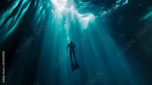A man wearing a wetsuit is swimming in the deep blue ocean, A menacing silhouette lurking in deep blue waters photo