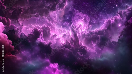 A stunning space scene with a purple and blue nebula filled with twinkling stars, A mesmerizing purple nebula stretching across the horizon photo
