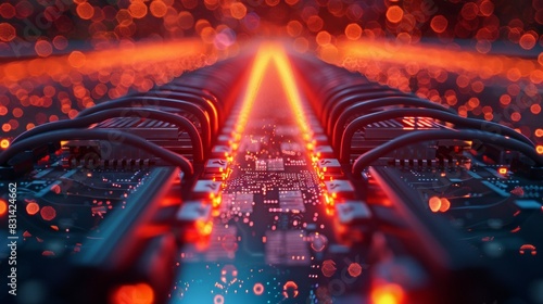 Communication cables connected to a switch, data center concept. Wires transporting large amounts of data.