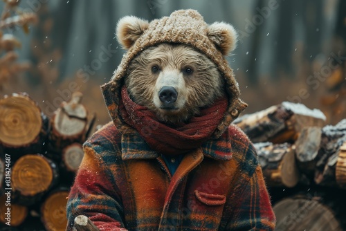 A brown bear dressed in a coat and scarf, appearing ready for winter weather photo