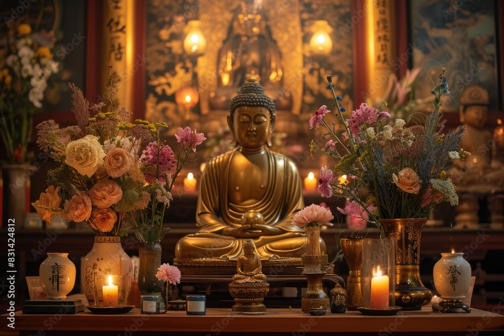 Obraz premium Serene Sanctuary: Golden Buddha Amidst Ancient Splendor