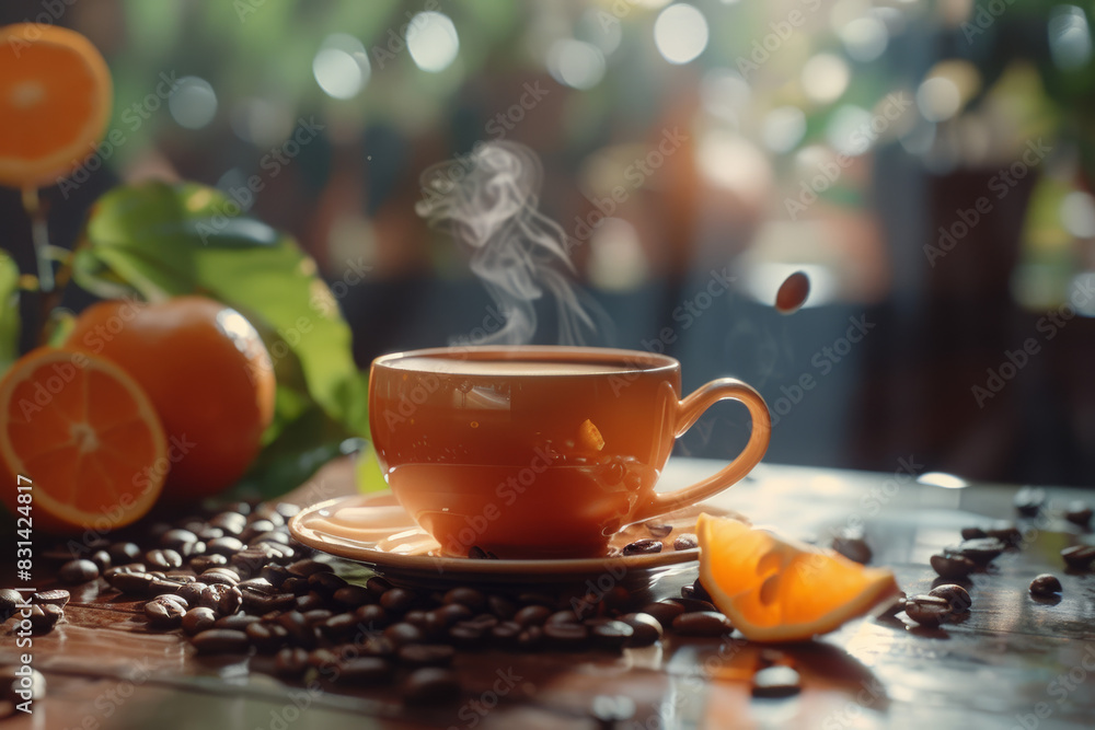 Fototapeta premium Steaming Coffee Cup with Coffee Beans and Bokeh