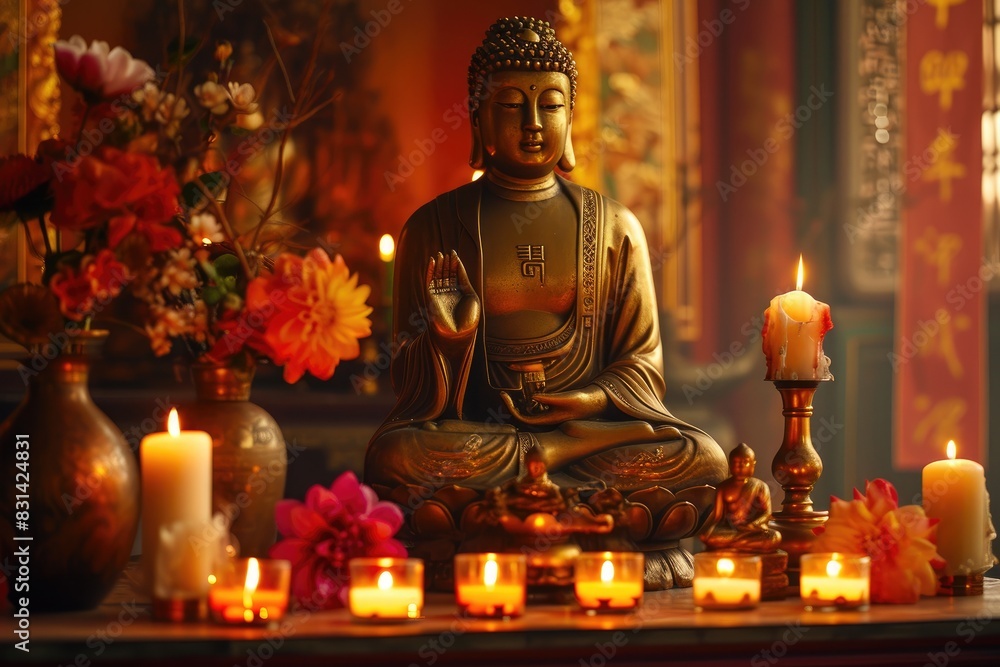 Fototapeta premium Tranquil Reflections: Buddha's Grace in Ornate Setting