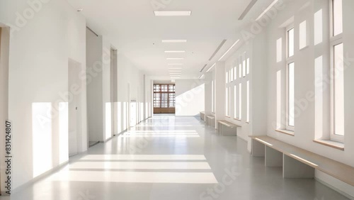 Wallpaper Mural A long hallway with white walls, benches, and windows, A minimalist school environment with white walls and floors Torontodigital.ca