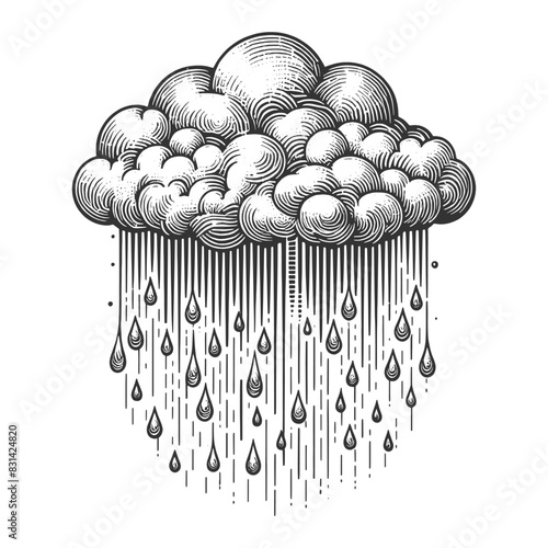 cloud with rain raindrops sketch engraving generative ai vector illustration. Scratch board imitation. Black and white image.