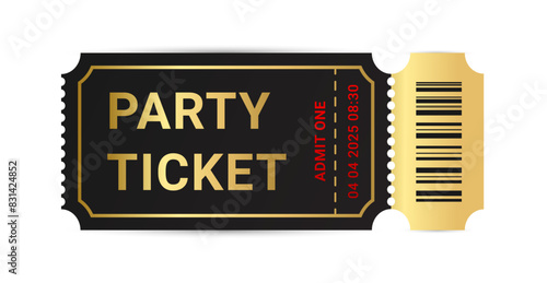 Vector golden party ticket admit one isolated on white background