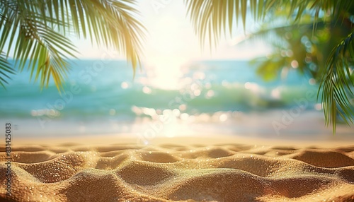Golden sand of a tropical beach, blurred palm leaves on a sunny day, beautiful defocused natural background for summer holidays and travel. Beach vacation, tropical paradise, palm tree getaway.