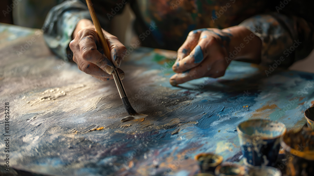 A painter meticulously preparing a surface for painting Generative AI A painter meticulously preparing a surface for painting Generative AI