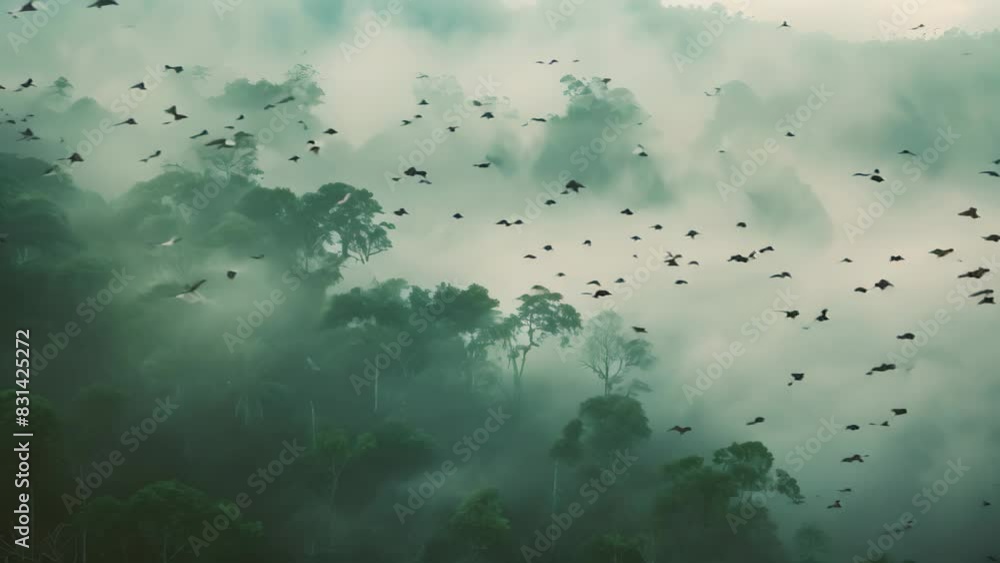 A flock of birds gracefully soar over a misty forest on a foggy morning, A misty morning in a dense fog-covered forest with birds chirping in the distance A flock of birds gracefully soar over a misty forest on a foggy morning, A misty morning in a dense fog-covered forest with birds chirping in the distance