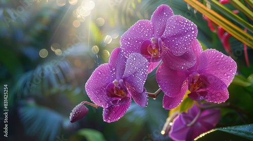 A close-up of a vibrant purple orchid with glistening dewdrops on its petals  set against a soft-focus background of a lush tropical forest bathed in morning light.