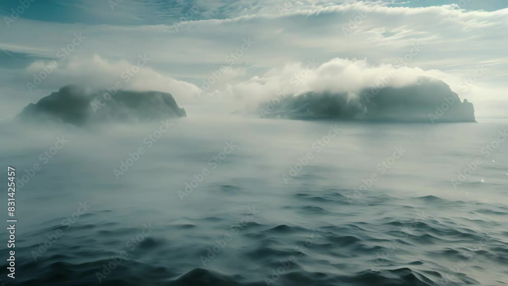 A large body of water with a small island in the center, surrounded by mist on a foggy morning, A misty morning on the open ocean, with fog enveloping distant islands on the horizon