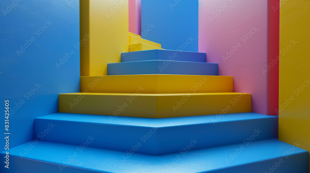 A colorful staircase with blue, yellow, and pink steps A colorful staircase with blue, yellow, and pink steps