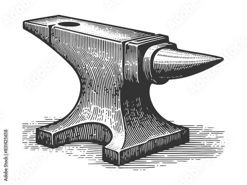 Vintage blacksmith anvil, depicted in an engraved style. Sketch engraving generative ai vector illustration. Scratch board imitation. Black and white image.