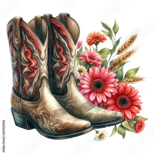 Cowboy boots and cacti and flowers  Watercolor illustration