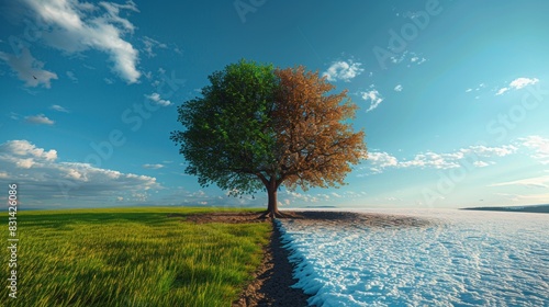 Tree in summer and winter. A tree with half green on green grass and half withered on snow.