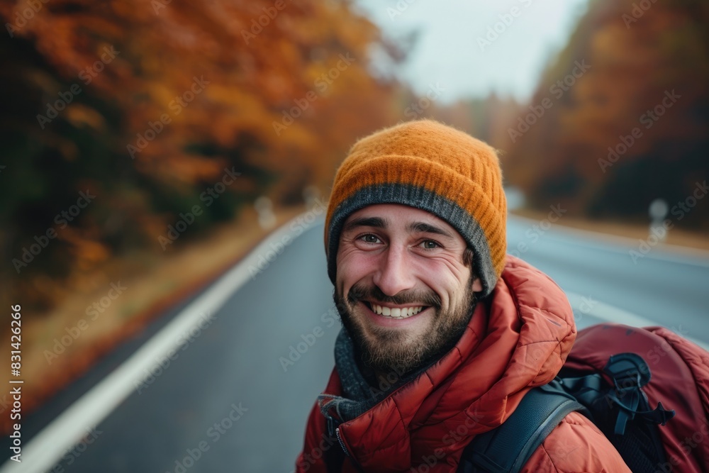 Functional Joy: Smiling Man on Road in Dark Orange Ambiance Functional Joy: Smiling Man on Road in Dark Orange Ambiance