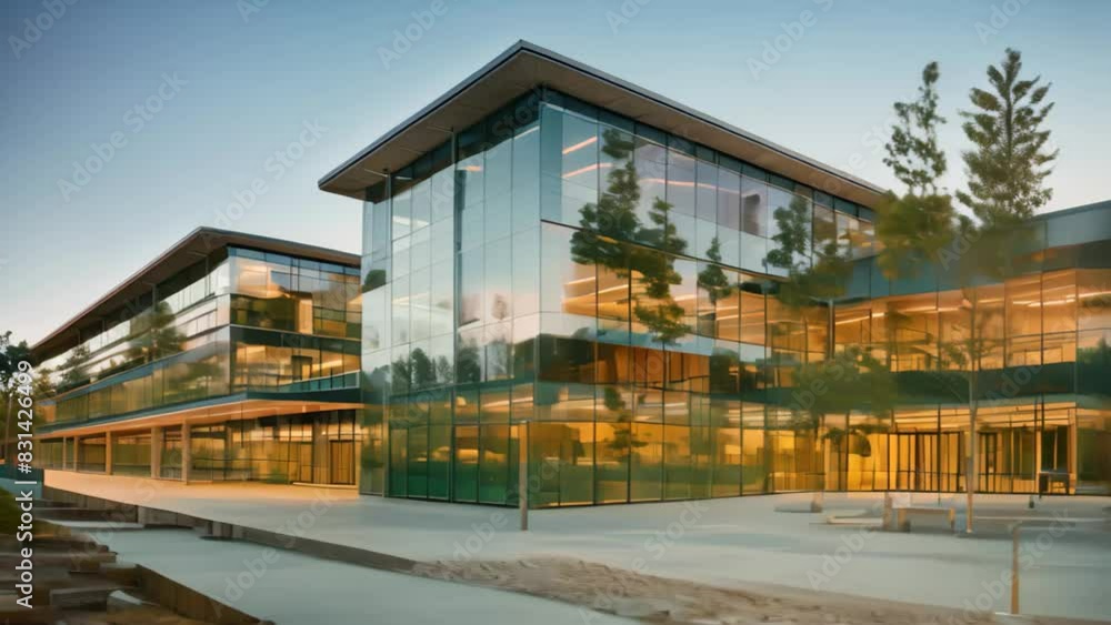 A large glass building with numerous windows, reflecting light and showcasing modern architecture, A modern school building with glass walls and towering architecture A large glass building with numerous windows, reflecting light and showcasing modern architecture, A modern school building with glass walls and towering architecture
