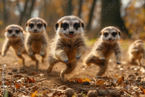 A group of meerkats running through a dense forest photo
