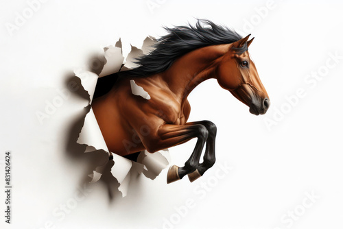 Horse Jumps Out of Paper Wall torn hole Isolated on white background