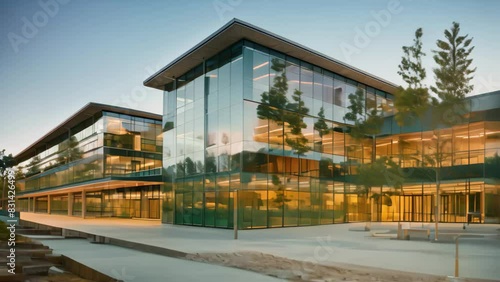 Wallpaper Mural A large glass building with numerous windows, reflecting light and showcasing modern architecture, A modern school building with glass walls and towering architecture Torontodigital.ca