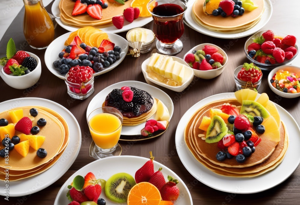 elegant gourmet pancake bar colorful toppings fresh fruits brunch delights, vibrant, creative, design, modern, stylish, upscale, luxurious, decor elegant gourmet pancake bar colorful toppings fresh fruits brunch delights, vibrant, creative, design, modern, stylish, upscale, luxurious, decor