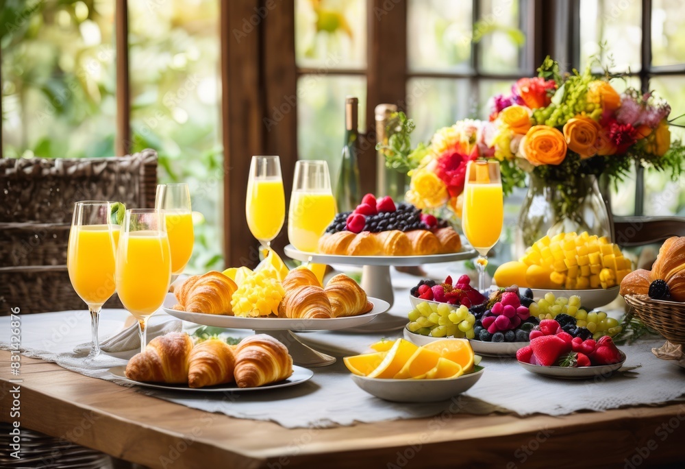vibrant brunch spread fresh flowers, mimosas, croissants, fruits, colorful, delicious, appetizing, tasty, refreshing, elegant, stylish, beautiful, table, setting