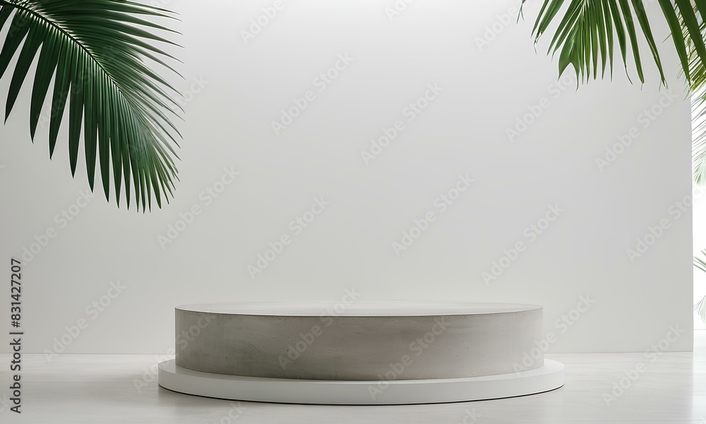 Modern Concrete Podium with Minimalist White Backdrop and Palm Leaves
Modern Concrete Podium with Minimalist White Backdrop and Palm Leaves