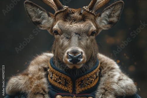 A deer dressed in a royal guard costume with horns, standing regally