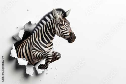 Zebra Jumps Out of Paper Wall torn hole Isolated on white background