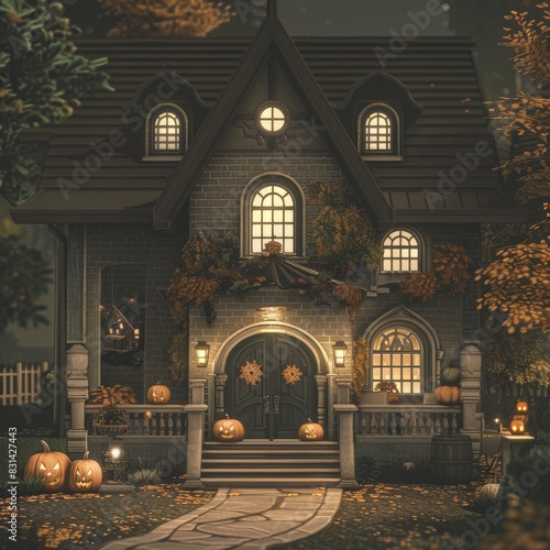 Spooky autumn evening at a decorated house with pumpkins. © Sebastian Studio