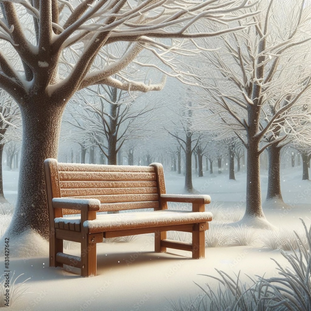 Serene Snowy Winter Park Scene with Empty Wooden Bench Amidst Snow-Covered Trees on a Tranquil Frosty Day - Perfect for Seasonal Backgrounds and Tranquil Themes