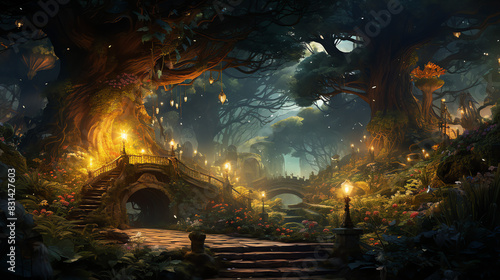 a magical forest with large trees  glowing mushrooms  and a stone bridge.