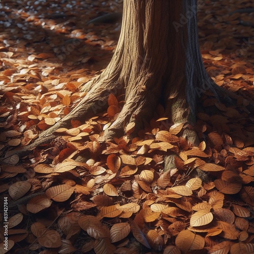 Autumnal Serenity: Sun-Kissed Tree Trunk and Golden Leaves Carpet - A Tranquil Harmony of Nature’s Fall Palette