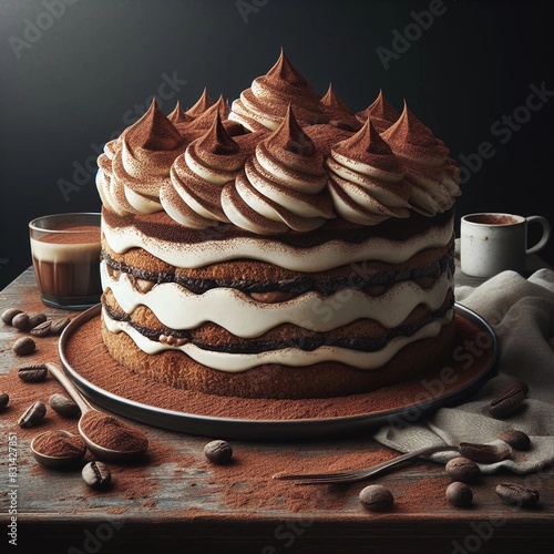 Delectable Multi-Layered Chocolate Cake with Swirled Frosting Peaks on Rustic Plate Surrounded by Coffee Beans Paired with Milk and Coffee in Elegant Dark Setting Perfect for Culinary Websites or Gour