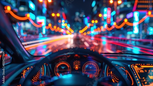 View from inside a car driving through a brightly lit city at night, showcasing motion blur and vibrant neon lights. photo