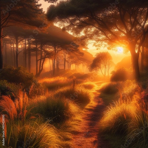 Enchanting Forest Pathway Bathed in Golden Sunrise Light, Lush Greenery, Tranquil Atmosphere Beckons Viewers into Serene Natural World