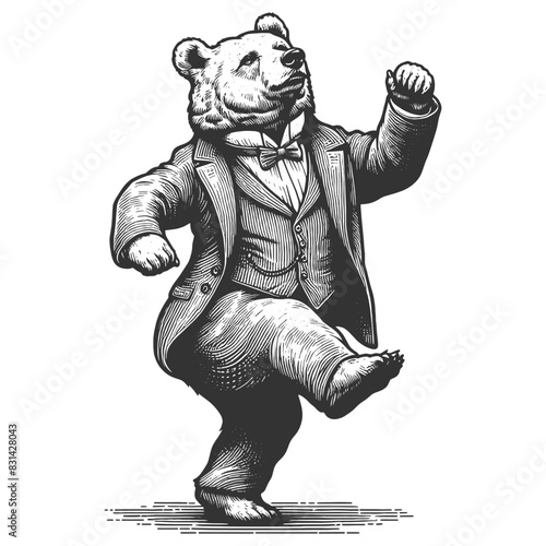 bear in a suit dancing, showcasing classic artistic style and whimsical charm sketch engraving generative ai fictional character vector illustration. Scratch board imitation. Black and white image.