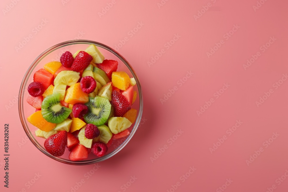 Fruit salad in a bowl on a pink background with copy space, in a top view. A fresh healthy food concept. colorful fruit bowl filled with tropical fruits in a white plate. fresh summer dish Fruit salad in a bowl on a pink background with copy space, in a top view. A fresh healthy food concept. colorful fruit bowl filled with tropical fruits in a white plate. fresh summer dish