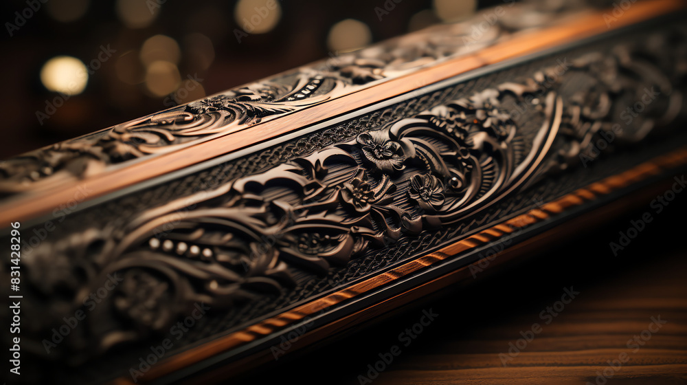 This is an up-close image of an ornate metal picture frame with a wood grain background.