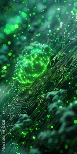 Abstract digital green circuit board with glowing neural network nodes. Perfect for tech, AI, and futuristic themes. © BoOm