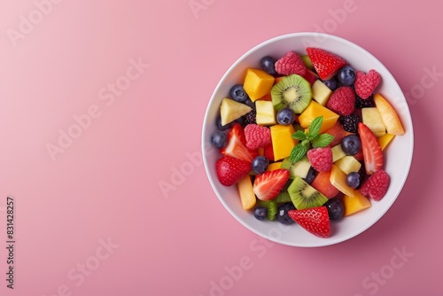 Fruit salad in a bowl on a pink background with copy space  in a top view. A fresh healthy food concept. colorful fruit bowl filled with tropical fruits in a white plate. fresh summer dish