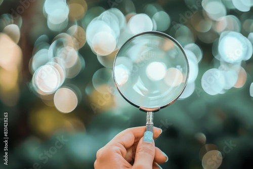 A close-up of a hand holding a magnifying glass against a green background with circular light patterns. Ideal for concepts of inspection, magnification, and exploration.