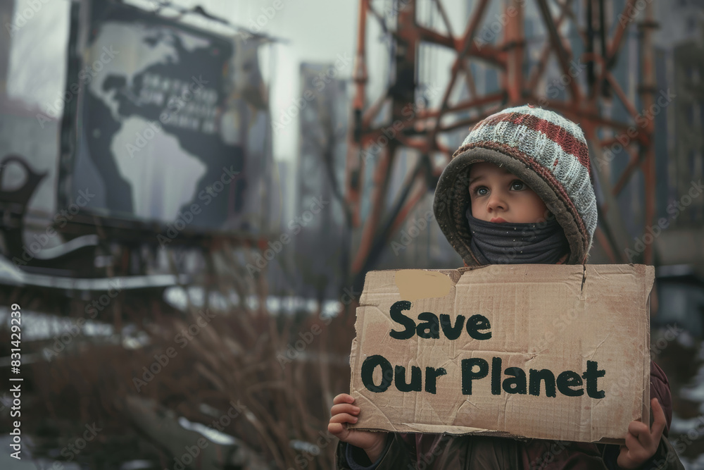 Child Holding Save Our Planet Sign in Polluted Cityscape - Environmental Activism, Climate Change Awareness, Urban Pollution Child Holding Save Our Planet Sign in Polluted Cityscape - Environmental Activism, Climate Change Awareness, Urban Pollution