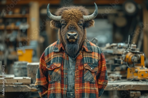 A man with horned head standing in a factory setting