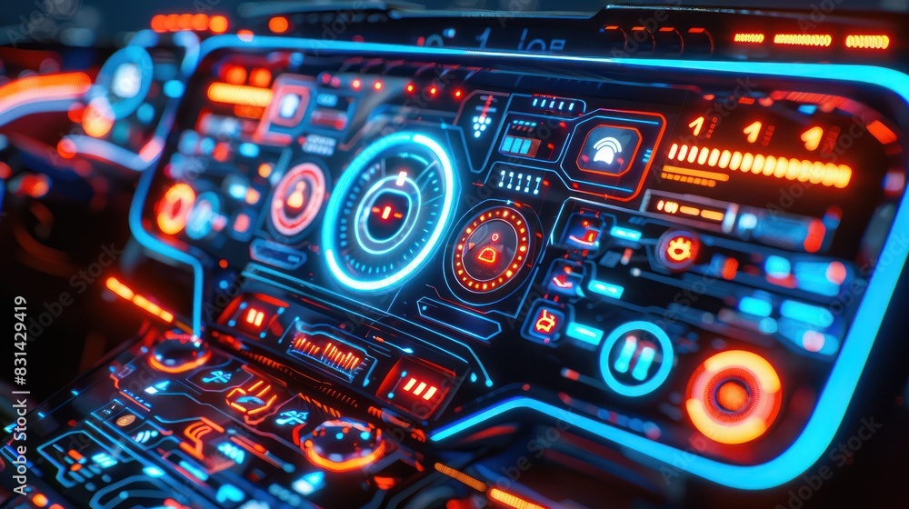 Futuristic dashboard with vibrant neon lights, high-tech gadgets, and advanced interface, perfect for technology concept visuals. Futuristic dashboard with vibrant neon lights, high-tech gadgets, and advanced interface, perfect for technology concept visuals.