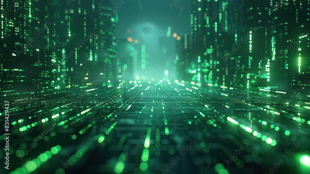Futuristic digital matrix with green glowing data streams, concept of virtual reality, high technology, and cyberspace.