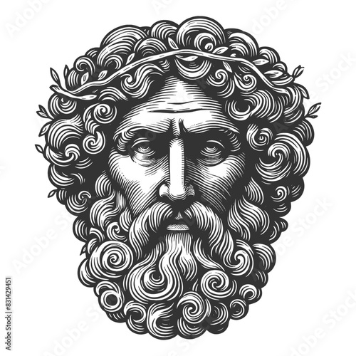 mythical bearded man with a wreath, showcasing detailed line work and classic artistry sketch engraving generative ai vector illustration. Scratch board imitation. Black and white image.